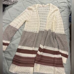 Maurices Open-Front Crochet Stripe Cardigan in Cream, Taupe & Dusty Rose